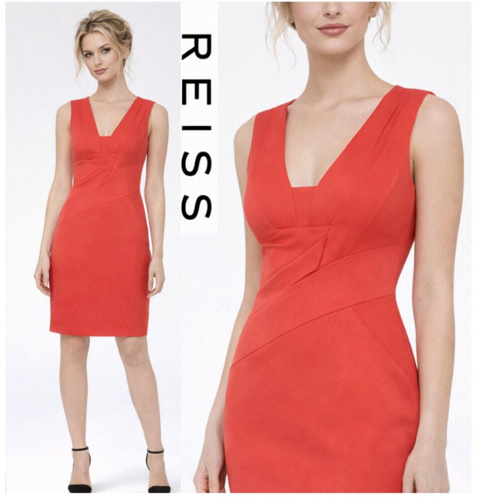 REISS Coral Orange V-Neck Sheath Dress Fitted Cocktail Size 10